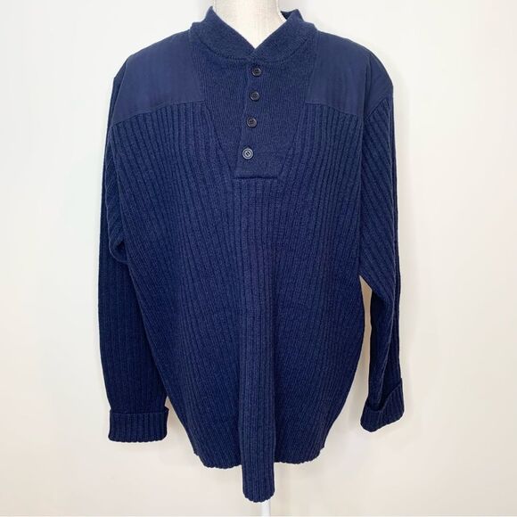 L.L. Bean Commando Sweater Merino Wool Lambs Wool Henley Navy XL EUC - Picture 1 of 13